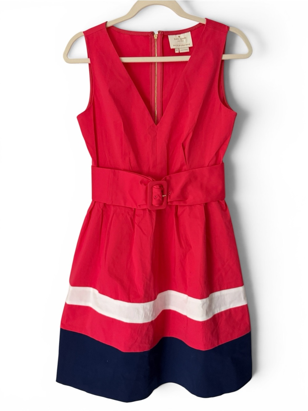 Kate Spade Sawyer Belted Colorblock Dress Pink/Red White Navy Stripe Fit Flare 6 - Picture 2 of 13
